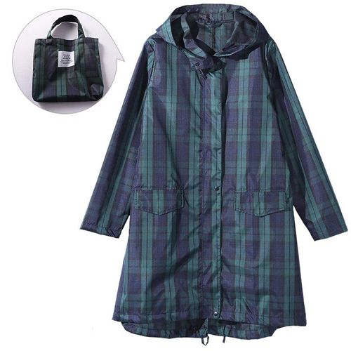 Imperméable Long À Carreaux Verts Pour Femmes,Veste De Pluie Imperméable,Manteau De Randonnée,Coupe-Vent