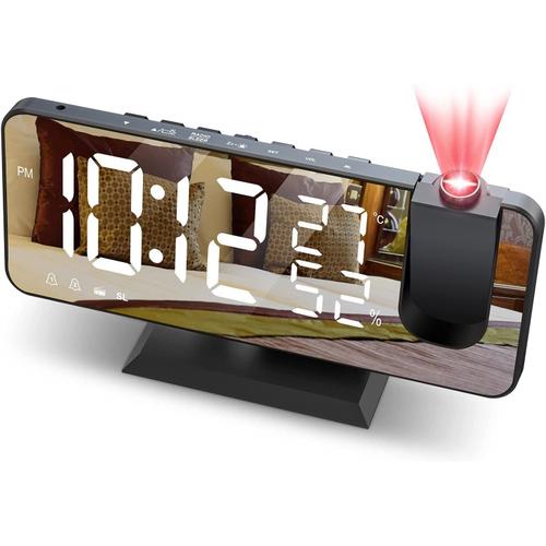 Reveil Projecteur Plafond Radio FM Reveil Projection 180° Horloge Numérique avec 7' LED Écran Miroir Chargement USB Port Fonction Snooze Double Alarme Horloge Digitale pour Chambre Cuisine Bureau