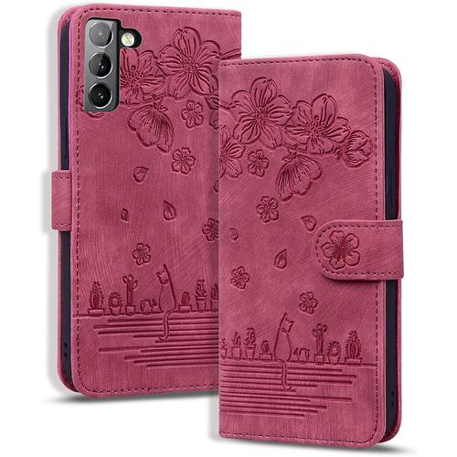 Coque Pour Samsung Galaxy S22, Etui Portefeuille Cuir Pu Avec Fonction De Support Housse Folio Magnétique Pour Galaxy S22 5g, Rouge Chaton