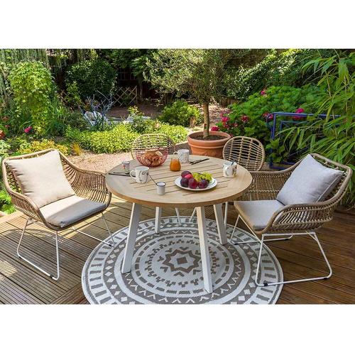 Lot De 4 Fauteuils De Jardin En Résine Tressée + Coussin Chiné Gris/Beige