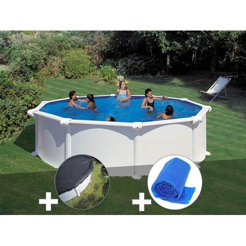 Kit piscine acier blanc Gré Atlantis ronde 4,80 x 1,32 m + Bâche hiver + Bâche à bulles