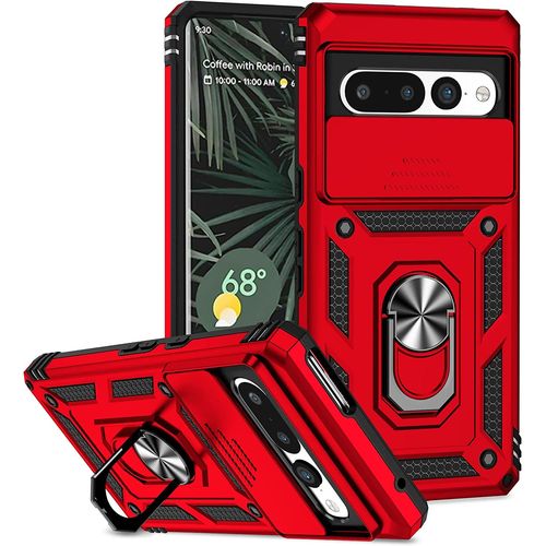 Coque Compatible Avec Google Pixel 7 Pro, Etui Avec Cache Camera & Support A Bague 360 Armor Full Body Antichoc Anti-Chut Housse Tpu Silicone Bumper Cover,Rouge