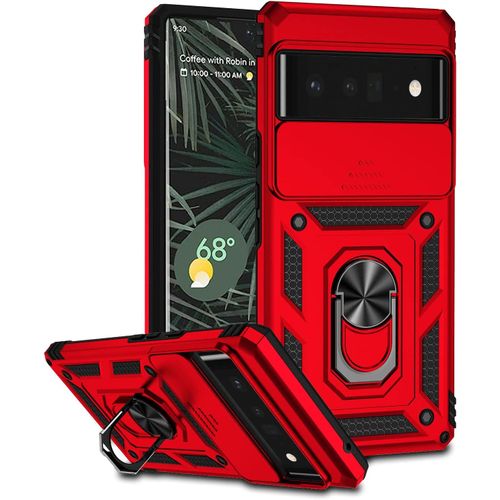 Coque Compatible Avec Google Pixel 6 Pro, Etui Avec Cache Camera & Support A Bague 360 Armor Full Body Antichoc Anti-Chut Housse Tpu Silicone Bumper Cover,Rouge