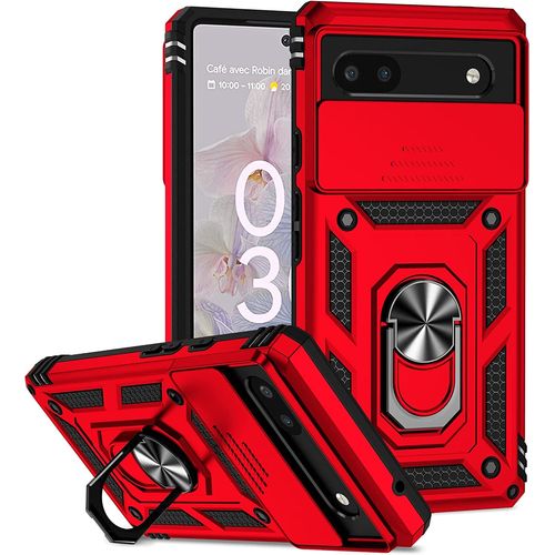 Coque Compatible Avec Google Pixel 6a, Etui Avec Cache Camera & Support A Bague 360 Armor Full Body Antichoc Anti-Chut Housse Tpu Silicone Bumper Cover,Rouge