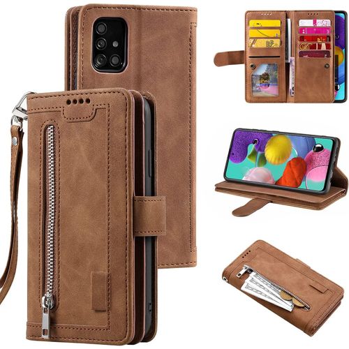 Coque Pour Samsung Galaxy A71, Pu Flip Case Anti-Choc Fentes De Cartes Fonction Support, Fermeture - Marron