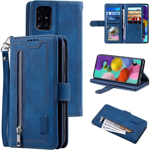 Coque Pour Samsung Galaxy A52 4g/5g A52s 5g, Pu Flip Case Anti-Choc Fentes De Cartes Fonction Support, Fermeture - Bleu