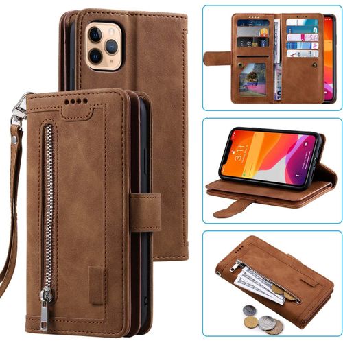 Coque Pour Iphone 13 Pro 6.1 Inch, Pu Flip Case Anti-Choc Fentes De Cartes Fonction Support, Fermeture - Brun