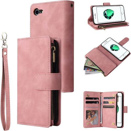 Coque Pour Iphone 7/Iphone 8/Iphone Se 2020, Pu Flip Case Fentes De Cartes Fonction Support, Fermeture - Rose