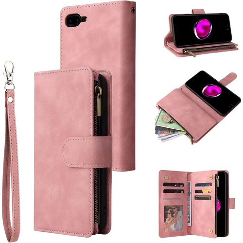 Coque Pour Iphone 7 Plus/Iphone 8 Plus, Pu Flip Case Fentes De Cartes Fonction Support, Fermeture - Rose