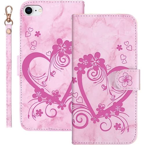 Coque Pour Iphone Se 2022/Iphone 7/Iphone 8/Iphone Se 2020 (4.7 Pouces),En Marbre Fleurs Motif Pu Cuir Tpu Avec[Fentes Pour Cartes],Rose