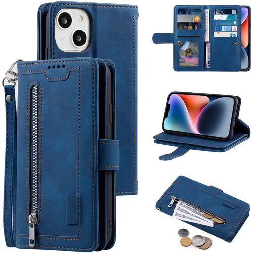 Coque Pour Iphone 13 Mini 5.4 Inch, Pu Flip Case Anti-Choc Fentes De Cartes Fonction Support, Fermeture - Bleu