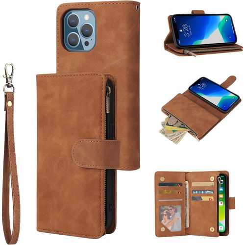 Coque Pour Iphone 13 Pro 6.1 Inch, Pu Flip Case Fentes De Cartes Fonction Support, Fermeture - Brun