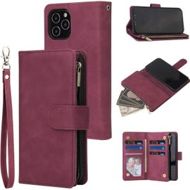 Coque Pour Iphone 12 Pro Max 6.7 Inch, Pu Flip Case Fentes De Cartes Fonction Support, Fermeture - Vin Rouge