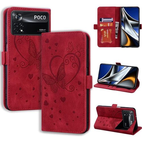 Coque Xiaomi Poco X4 Pro 5g Etui, Flip Case En Protecion Pour Xiaomi Poco X4 Pro (6,67''), Rouge