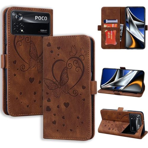 Coque Xiaomi Poco X4 Pro 5g Etui, Flip Case En Protecion Pour Xiaomi Poco X4 Pro (6,67''), Brun