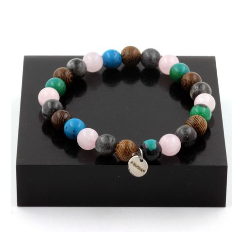 Bracelet Perles Quartz Rose + Labradorite + Chrysocolle + Bois 8 Mm. Fabriqué En France.