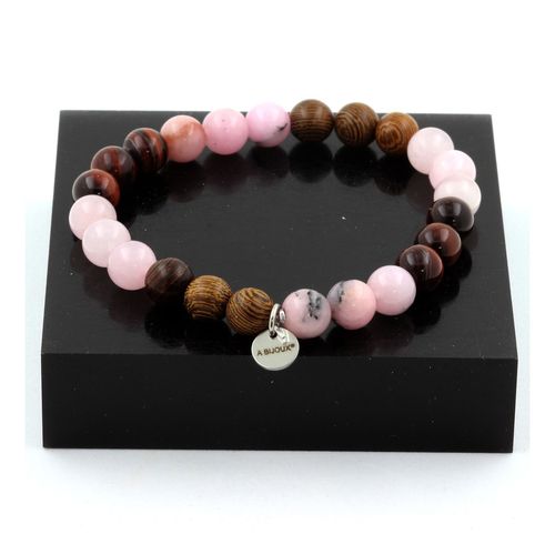 Bracelet Perles Opale Rose + Oeil De Tigre Rouge + Quartz Rose + Bois Fabriqué En France.