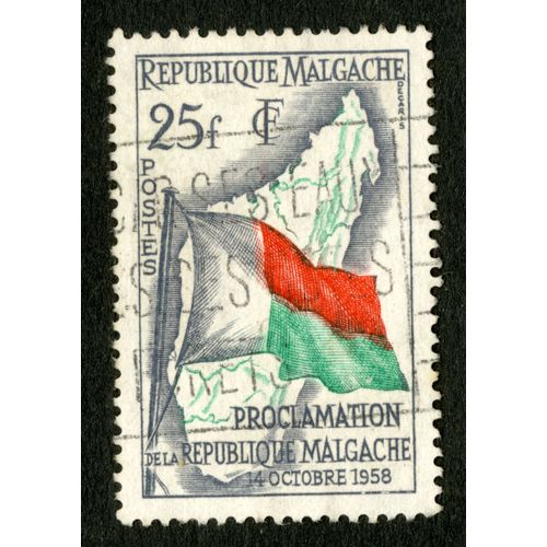 Timbre Oblitéré République Malgache, Proclamation De La République Malgache, 14 Octobre 1958, Postes, 25 F, Decaris,