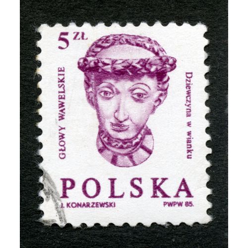 Timbre Oblitéré Polska, Glowy Wawelskie, Dziewczyna W Wianku, 5 Zl, Konarzewski, 1985