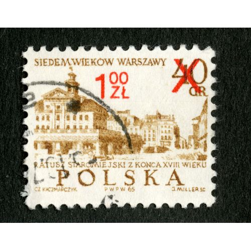 Timbre Oblitéré Polska, Siedem Wiekow Warszawy, Ratusz Staromiejski Z Konca Xviii Wieku, Kaczmarczyk, Miller, 1965, 40 Gr, 1.00 Zl