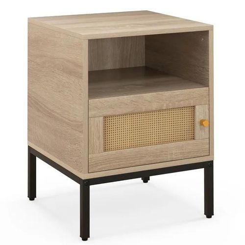 Table De Chevet Avec Rangement Costway-Compartiment Ouverte-Armoire À Porte-Décoration En Rotin-Effet Bohème-40 X 40 X 57 Cm