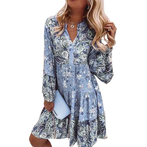 Robe Bleu Avec Un Col V Et Motifs Fleurs