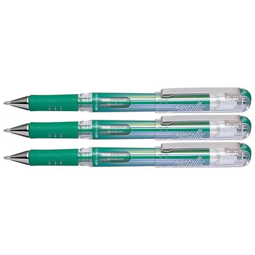 Pentel Lot De 3 Rollers Encre Gel Métallique Hybrid Gel Grip Dx, Vert