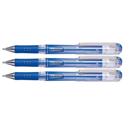 Pentel Lot De 3 Rollers Encre Gel Métallique Hybrid Gel Grip Dx, Bleu