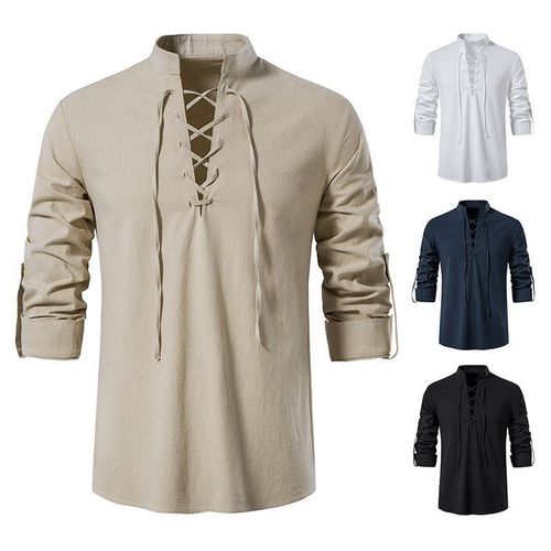 Col En V Manches Longues Henry Chemise Coton Lin Coupe Ample Style 5 2xl