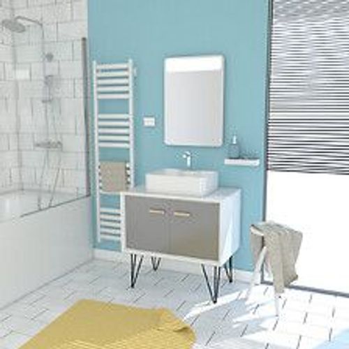 Meuble Salle De Bain Scandinave Blanc Et Gris 80 Cm Sur Pieds - Portes Vasque A Poser + Miroir Led