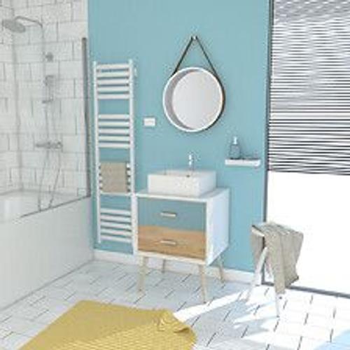 Meuble Salle De Bain Scandinave Blanc Bleu Et Bois Naturel 60 Cm Avec Tiroir, Vasque A Poser