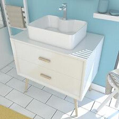 Meuble Salle De Bain Scandinave Blanc 80 Cm Sur Pieds Avec Tiroir Et Vasque A Poser -Nordik Basis 80