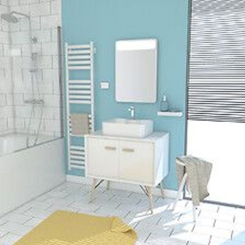 Meuble Salle De Bain Scandinave Blanc 80 Cm Sur Pieds Avec Portes, Vasque A Poser Et Miroir Led