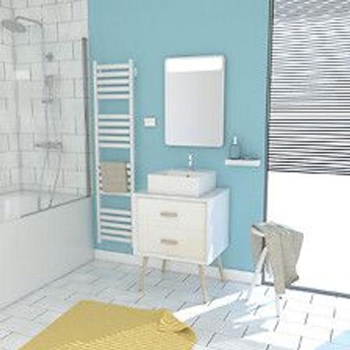 Meuble Salle De Bain Scandinave Blanc 60 Cm Sur Pieds Avec Tiroir - Vasque A Poser Et Miroir Led