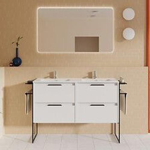 Meuble Salle De Bain Double Vasque En Bois Et M?Tal Keiko Largeur 120 Cm Blanc Brillant