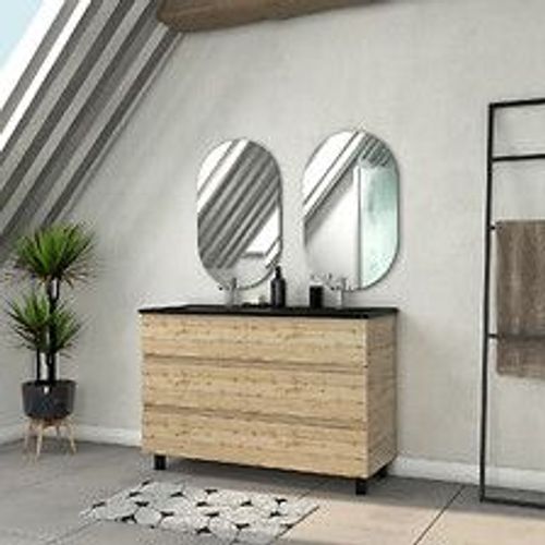 Meuble Salle De Bains 120cm 6 Tiroirs Ch?Ne Industriel + Vasque Noire Et Miroirs Ovales