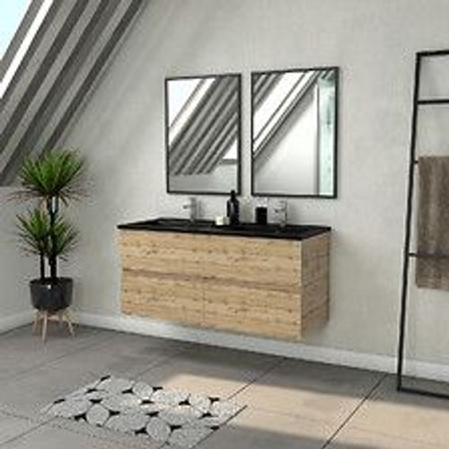 Meuble Salle De Bains 120cm 4 Tiroirs Ch?Ne Industriel + Vasque Noire Et Miroirs Rectangulaires