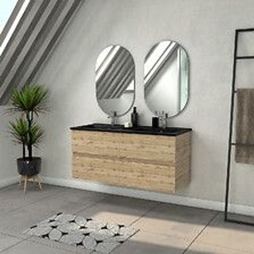 Meuble Salle De Bains 120cm 4 Tiroirs Ch?Ne Industriel + Vasque Noire Et Miroirs Ovales