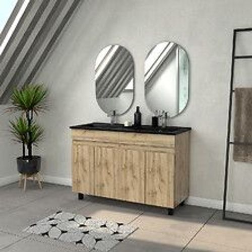 Meuble Salle De Bains 120cm 4 Portes Ch?Ne Industriel + Vasque Noire Et Miroirs Ovales
