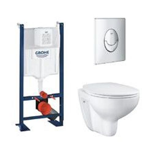 Pack WC suspendu sans bride Bau Ceramic avec abattant, b?ti support WC Rapid SL Project et plaque de commande Start, Chrom?