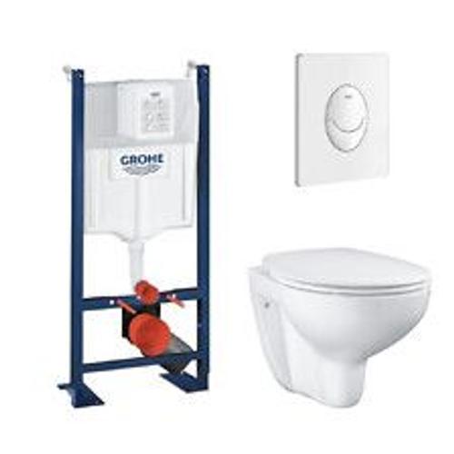 Pack WC suspendu sans bride Bau Ceramic avec abattant, b?ti support WC Rapid SL Project et plaque de commande Start, Blanc Alpin