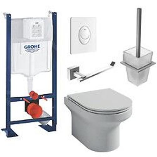 Wc Suspendu Sans Bride Elite + B?Ti-Support + Abattant + Accessoires, Porte-Balai + Porte Rouleau, Blanc