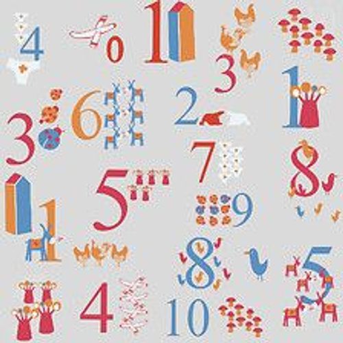 Papier peint panoramique intiss?, chiffres multicolores et ses animaux, apprendre ? compter dans une chambre d'enfant, fond gris, 250 cm X 250 cm