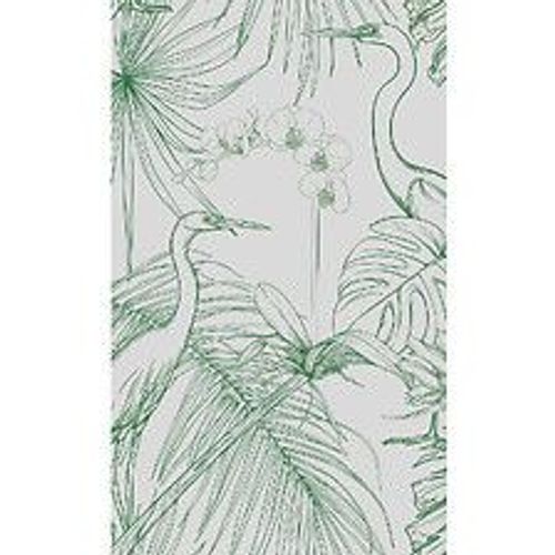 Papier peint panoramique intiss?, graphisme vert d'un h?ron parmi les orchid?es et les plantes sauvages sur un fond gris, 250 cm X 150 cm