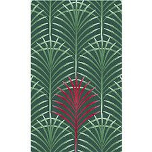 Papier peint panoramique intiss?, feuilles art d?co vertes avec un motif rouge, sur un fond vert fonc?, 250 cm X 150 cm