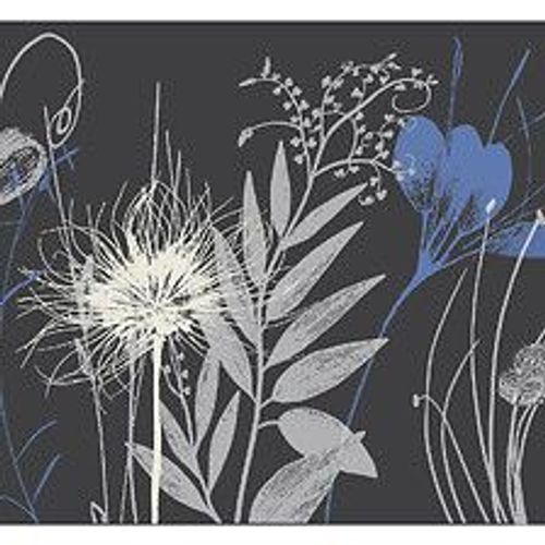 Papier peint panoramique intiss?, illustration dans un style champ?tre, de fleurs et des herbes hautes, aux couleurs bleus et gris, 250 cm X 270 cm