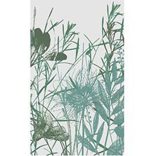 Papier peint panoramique intiss?, illustration champ?tre, dans un m?lange de verdure et de fleur, couleur dominante de vert, 250 cm X 150 cm