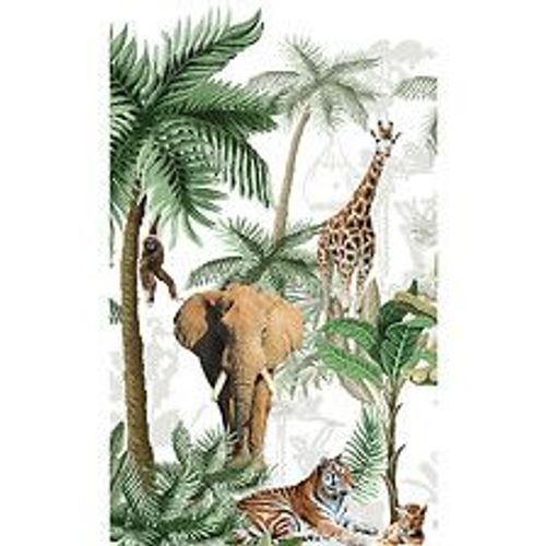 Papier peint panoramique intiss?, m?lange entre illustration et photo des animaux de la jungle, dans la for?t tropicale, 250 cm X 150 cm