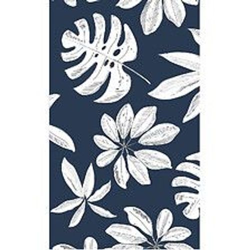 Papier peint panoramique intiss?, motifs feuilles tropicales blanches sur un fond bleu marine, 250 cm X 150 cm