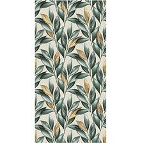 Papier peint panoramique intiss?, motifs branches d'oliviers aux feuilles vertes et dor?es sur un fond beige, 250 cm X 150 cm